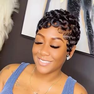 Peluca de Cabello Humano Remy Corto Estilo Pixie, Color Negro, Ondulado a Máquina, Estilo Chioma, Longitud Reservada, Peluca Adecuada - Product Image 5