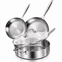 Ensemble de poêles à frire et de poêles à sauter en acier inoxydable 304 triple couche non revêtu, non toxique, avec couvercle, compatible induction, passe au lave-vaisselle et au four