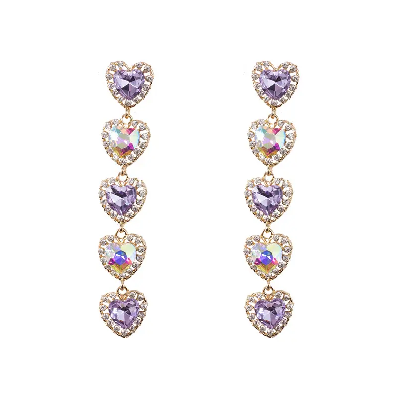 18k Real Gold Plated Multiple Purple Diamond Heart Shape Dangle Earrings Crystal Heart Drop Earrings