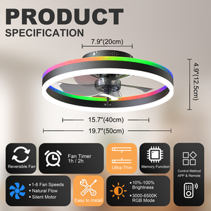 19.7" <b>RGB</b> Flush Mount Ceiling Fan with Light 6-Speed Reversible Low Profile Fan with Remote & APP for Bedroom, Black - Product Image 6