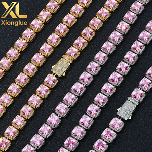 Pink Gemstone Tennis <b>Chain</b> Bracelet Micro Pave Zircon Bling Necklace 18K Gold Plated Copper Hip Hop <b>Rapper</b> Jewelry Set - Product Image 6