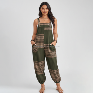 Женский комбинезон свободного кроя с рукавами-крылышками и рукавами-манжетами в стиле пэчворк, повседневный, с узором в клетку - Product Image 1