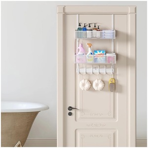 White Door Storage Rack 2 Tier <b>Hook</b> Type Punch Free Wall Organizer for Bedroom <b>Bathroom</b> Entryway - Product Image 2