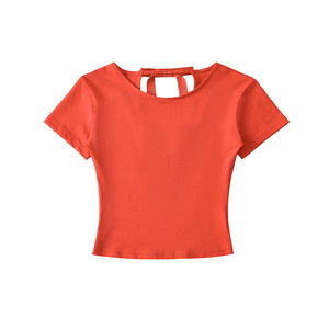 Camiseta de verano transpirable ligera Camiseta de manga corta <span class=keywords><strong>con</strong></span> cuello redondo ajustada <span class=keywords><strong>con</strong></span> detalle de cordones traseros Diseño de pajarita sin espalda - Product Image 3