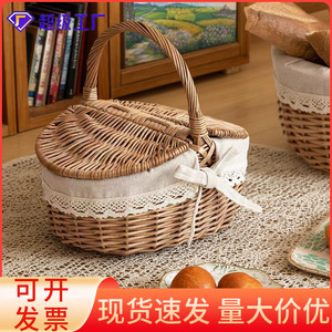 Wicker <b>Basket</b> Oval Linen Lined With Handle For Picnic Storage Food Container <b>Small</b> Medium Large Size - Product Image 5
