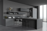 Meuble de cuisine gris foncé à grain de bois avec îlot central et rangements ouverts encastrés, aménagement modulaire personnalisé pour appartement, approvisionnement en gros