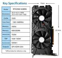 MAXSUN RTX2060 6GB GDDR6 Carte graphique de jeu 1920 CUDA Cores 1680MHz Fréquence de cœur 192 bits Refroidissement à double ventilateur Carte vidéo pour PC de bureau