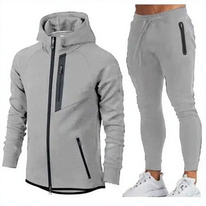 Conjunto Deportivo de Forro Polar con Capucha para Hombre, Color Gris, con Cremallera Completa, Bolsillos Laterales, Transpirable, Antibacterial, de Poliéster y Algodón para Invierno - Product Image 1