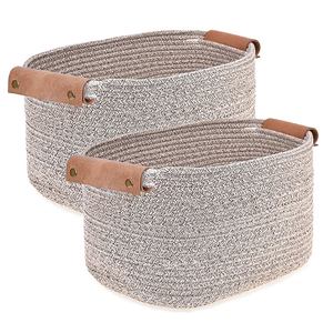 Nordic Cotton Rope Woven <strong>Square</strong> <strong>Storage</strong> <strong>Basket</strong> with Leather Handles Cross-Border Household Fabric <strong>Basket</strong> - Product Image 1