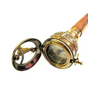 Working Brass Compass Sundial On Top 3 Fold Wooden Walking Stick Metal Crafts stick compass wholesale