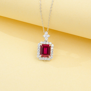 Vintage <b>Emerald</b> Cut Ruby Halo <b>Pendant</b>, Sterling Silver Lab Created Ruby Necklace for Women - Product Image 2
