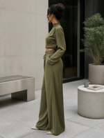 Ensemble deux pièces pour femmes Joydressing, haut court à col haut ivoire, pantalon large à nouer à la taille, vente en gros