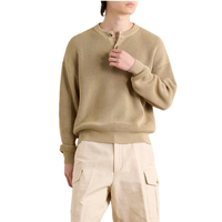 Herren Retro Gerippter 9GG 100% Baumwoll-Strickpullover mit Henley-Knopfleiste Lässiger Lockerer Schnitt, Langarm-Pullover