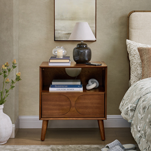 Mid Century Modern Fluted Nightstand With Charging Station USB Ports Outlet Hole 4 Solid Wood Legs Farmhouse <b>End</b> <b>Table</b> - Product Image 2