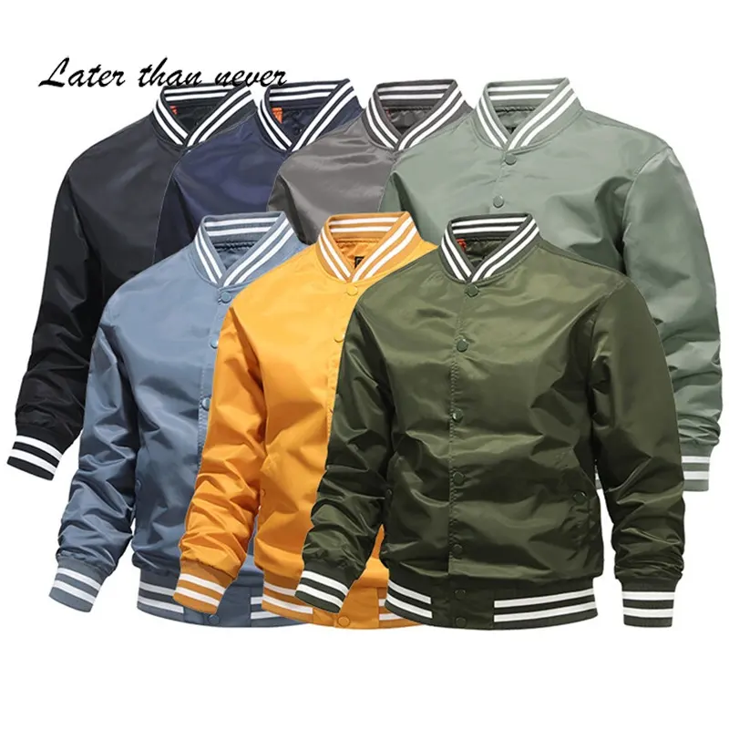 Spring Nylon Mens Windbreaker Solid Color Full Zipper Bomber Jacket Baseball Varsity Jacket Street Wear