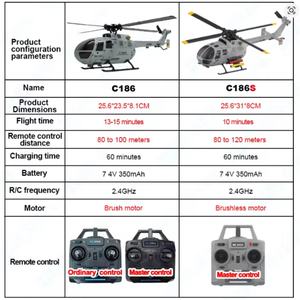 Hélicoptère RC C186S 2.4G 6 axes avec gyroscope, 4 canaux, maintien d'altitude, flux optique, moteur brushless, télécommandé, jouet pour enfants et adultes - Product Image 3