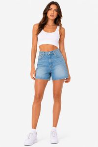 Shorts in Denim a Vita Alta con Orlo Sfilacciato, in Cotone Stonewashed, Stile Casual per l'Estate - Product Image 1