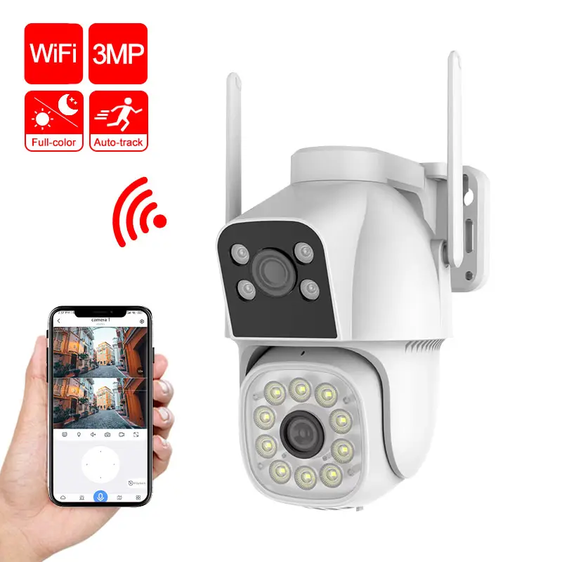 3mp Smart Wifi Pt Dome Cctv Camera Waterdichte Dubbele Lichtbron Smart Full Color Draadloze Bewakingscamera Pan-Tilt Rotatie