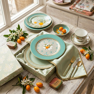 Vajilla de Porcelana Fina <span class=keywords><strong>Siciliana</strong></span> Naranja con Diseño Geométrico, Platos para Banquete de Cítricos, Venta al por Mayor - Product Image 6