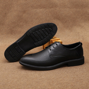 Chaussures habillées d'été pour hommes en cuir véritable, style Oxford, à bout rond, à lacets, respirantes, pour le bureau et la carrière, semelle extérieure en caoutchouc noir massif, en peau de porc - Product Image 1