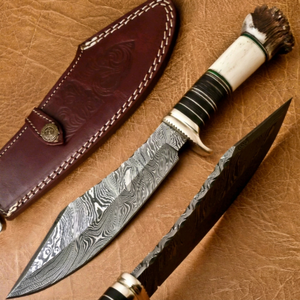 Cuchillo de hoja fija de acero de Damasco, punta de lanza, mango de cuerno de ciervo, guardacuchillo de latón, funda de cuero, para exhibición, personalizado, DIY, OEM - Product Image 1