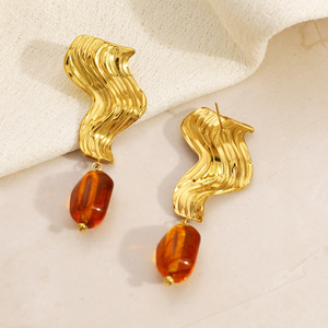 Pendientes Colgantes Ondulados Chapados en Oro con Gema de Resina, Joyería de Moda para Fiesta - Product Image 3