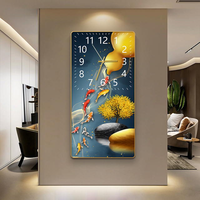 High Quality Gold Clock Fish Landscape Picture Crystal Porcelain Painting Luxury Wall Art Digital Wall Clock for Living Room