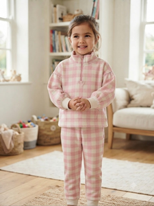 Ensemble pull mi-zippé à carreaux et jogging pour enfants, survêtement doux à col montant pour filles, vêtements assortis pour jumelles, collection automne pour enfants - Product Image 2