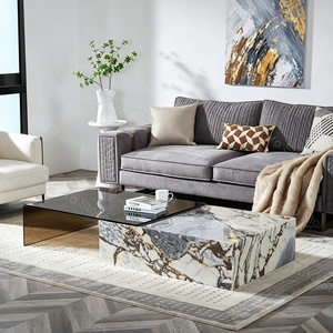 Tavolino da Caffè in Marmo Architettonico <span class=keywords><strong>Bianco</strong></span> <span class=keywords><strong>e</strong></span> <span class=keywords><strong>Grigio</strong></span>, in Pietra Naturale con Vetro, <span class=keywords><strong>Tavolo</strong></span> Centrale Basso H30 per Soggiorno di Lusso <span class=keywords><strong>e</strong></span> Villa - Product Image 4