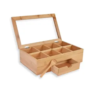 tea bag storage holder organizer bamboo wood chest container tea box with 8 compartments and drawer complete with bamboo spoon