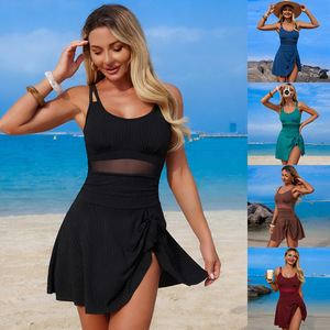 Traje de baño de una pieza para mujer, color sólido, cuello redondo, con aberturas, vestido de playa, traje de baño para mujer, talla adulta, disponible en tallas grandes. - Product Image 2