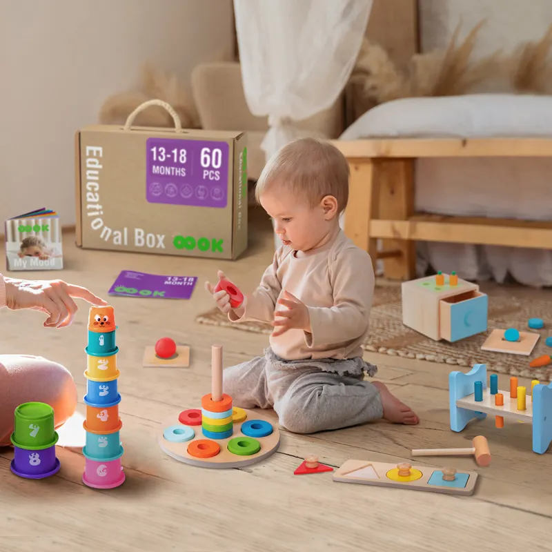 Caja de Educación Temprana, torre de bloques de construcción, rompecabezas Montessori, juguete de madera, martillo, juguete para golpear, juego de babbler