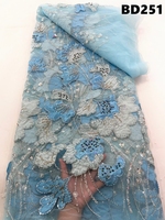Tissu en dentelle perlée florale 3D bleu clair, dentelle brodée en tulle pour robe de mariée ou de soirée au Ghana