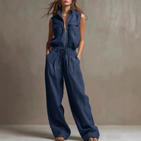Ensemble décontracté d'été 2026 pour femme : Sweat-shirt sans manches zippé et pantalon droit de sport, couleur unie, coupe ample