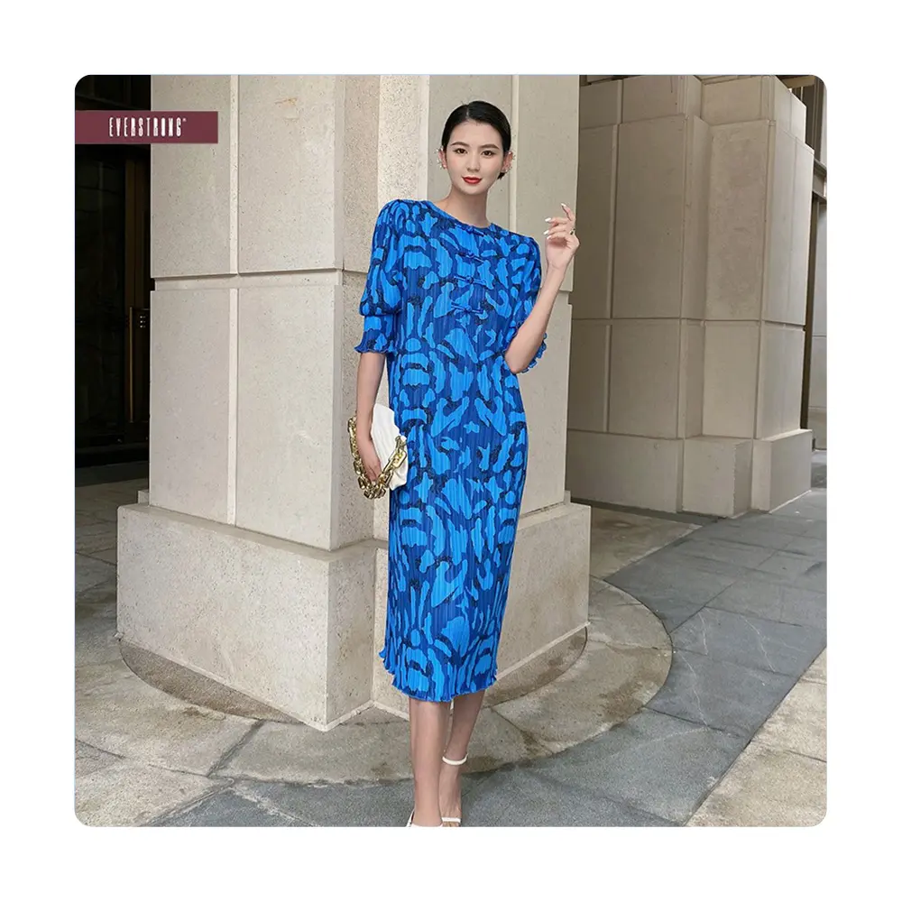 Çin baskılı elbise alevlendi kollu pileli ayarlanabilir uzun kısa kollu tipi yuvarlak boyun entelektüel baskılı Midi elbise