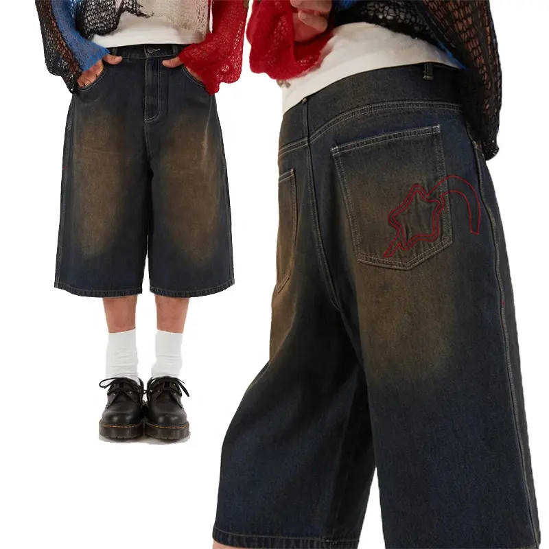 Custom Man 2023 Summer 100% Cotton Sandblast Non-Stretch Denim Shorts Jumbo Fit Baggy Oversized Short Pants Denim Baggy Jorts