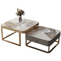Ensemble de tables basses gigognes carrées de luxe moderne, 2 pièces, plateau en pierre frittée effet marbre, structure en métal doré avec tiroir pour salon