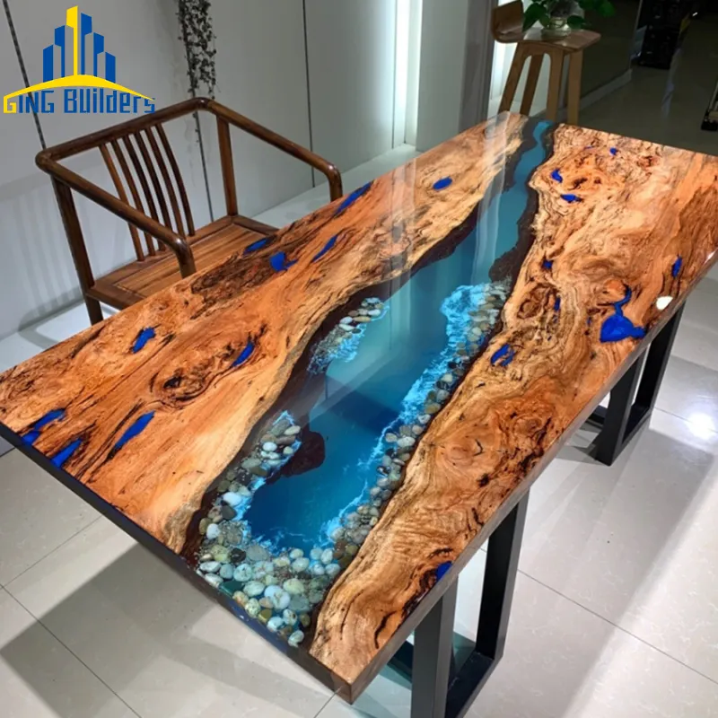 カスタムメイドクリスタルクリアトップエポキシテーブル樹脂木製スラブモダン家具オリーブブラックエポキシウッドダイニングテーブル