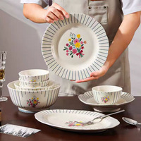 Service de vaisselle en céramique de style français, motif floral vintage sous glaçure, luxe léger, comprenant bols et assiettes