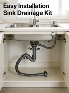 Kit universel d'assemblage de siphon d'évier de cuisine avec siphon en P, anti-odeur, anti-colmatage, installation facile, finition brossée moderne, avec trop-plein pour lave-vaisselle - Product Image 4