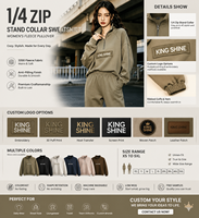 Sweat-shirt à col zippé 1/4 en molleton brossé 320g, avec motif graphique, broderie, coupe oversize, pour femme, style décontracté, type survêtement, pull à capuche