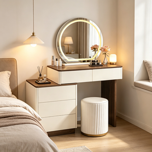 Tocador de maquillaje moderno blanco con espejo LED redondo, gabinete de almacenamiento y taburete para dormitorio. - Product Image 3