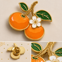 Broche en émail souple 3D motif orange mandarine, double fruit sur branche dorée, impression UV, bijoux du Nouvel An Chinois, vente en gros, badges personnalisés