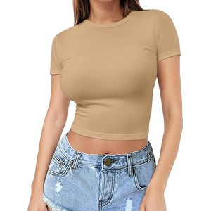 Camiseta Corta Estilo Europeo-Americano para Mujer, Top de Verano, Blusa de Manga Corta con Cuello Redondo, Ajustada y Linda, de Seda Láctea - Product Image 6