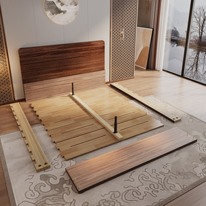 <span class=keywords><strong>Cama</strong></span> de Madera Maciza de Ébano con Rayas Europeas, Estilo Nórdico Simple y Moderno, <span class=keywords><strong>Cama</strong></span> Doble de 1.5 m con Respaldo Alto para Dormitorio Principal o Apartamento - Product Image 4