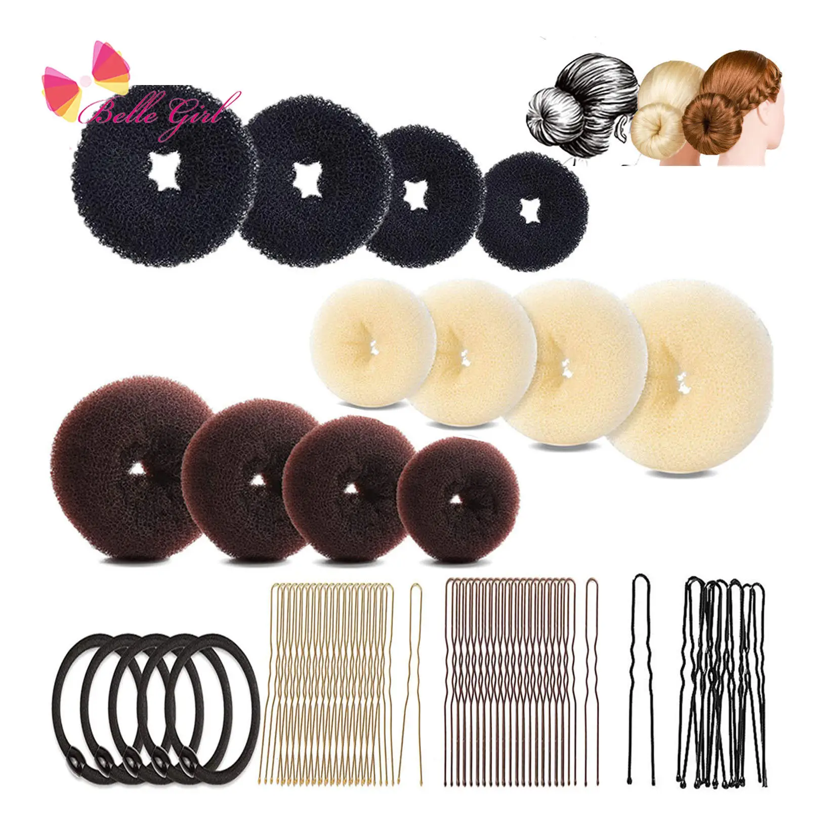 BELLEWORLD fábrica caliente 19 piezas accesorios para el cabello conjunto donut Maker banda elástica moño de pelo donut y horquillas para el cabello para las mujeres
