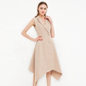 MZ18331-Chaqueta de negocios sin mangas con doble botonadura y cuello de pico, Vestido largo de oficina - Product Image 1