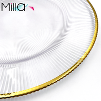 Assiettes de présentation transparentes en verre de 13 pouces avec motif rayé et bord doré