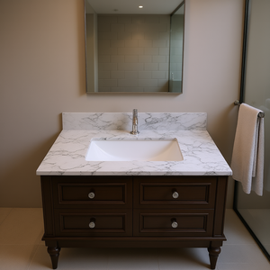 Encimera de Baño de 37x22 Pulgadas, Mármol Artificial Carrara Blanco, Preperforada, Fregadero de Cerámica Empotrado, Estilo Tradicional - Product Image 2
