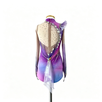 Robe de patinage artistique à manches longues dégradé violet, costume décoré de strass pour la compétition et les spectacles des adultes et des enfants